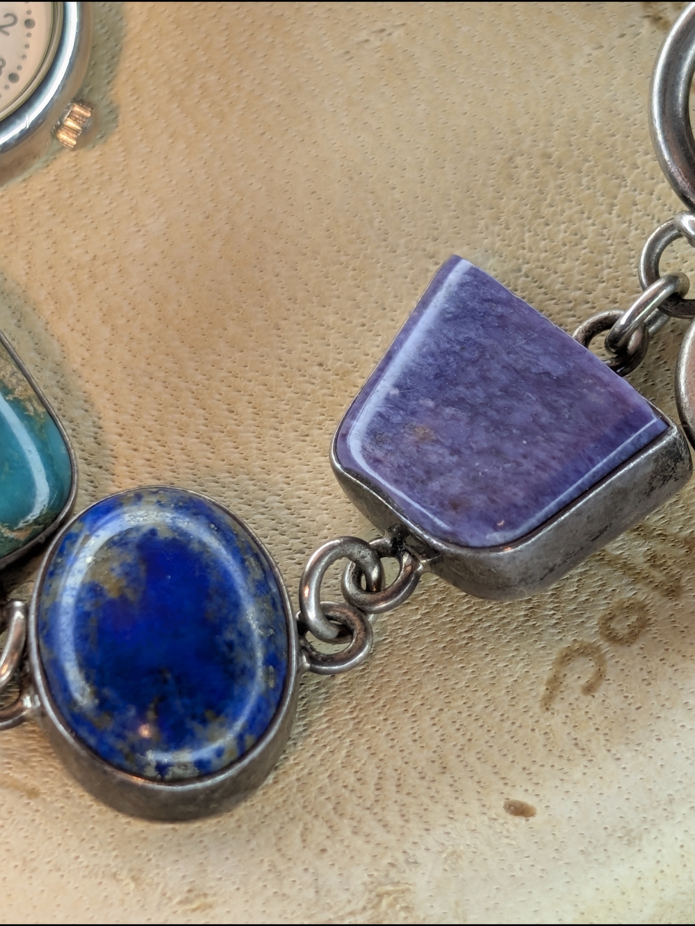 Signed J. Yates Navajo Sterling Silver Watch - Turquoise, Spiny Oyster, Scarab - Picture 9 of 12